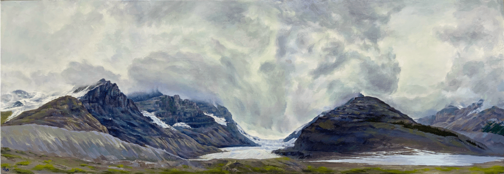 A panoramic oil painting depicting dramatic mountains under a cloudy sky, with a river and patchy grassy areas in the foreground.