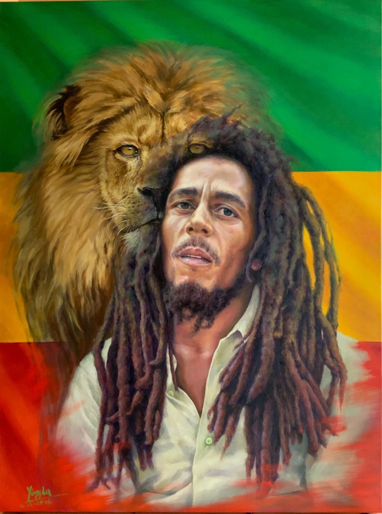 A vibrant painting featuring a man with long dreadlocks, closely positioned next to a lion. The background displays a gradient of green and yellow, representing a blend of colors commonly associated with reggae culture.