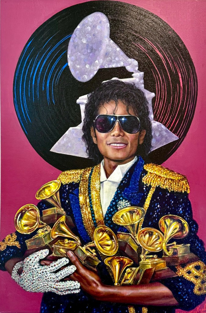 A colorful painting of a man wearing sunglasses and a sparkling blue military-style jacket, holding multiple Grammy awards in front of a stylized gramophone and vinyl records backdrop.