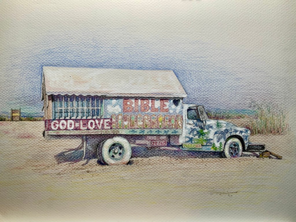 A colorful illustration of an old truck adorned with various signs, including 'BIBLE,' 'GOD LOVE,' and 'PLEASE HELP,' set in a sandy landscape.